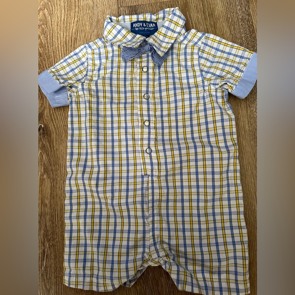 Andy & Evan Baby Boy Plaid Shirtall Romper with Bow Tie//Size 6-12months
